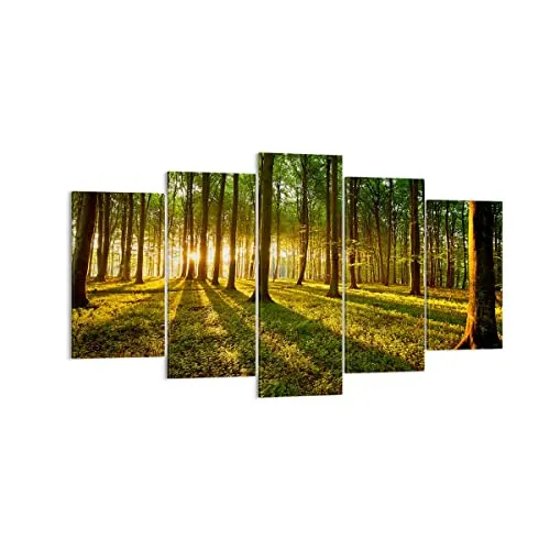 Wandbilder Dekoration Wohnzimmer Wald grün Sonnenstrahlen Natur Bilder auf Leinwand 160x85cm Leinwandbild Schlafzimmer Set 5 teilige Wand Kunstdruck Art Groß XXL Wanddeko Bild Canvas EA160x85-2510