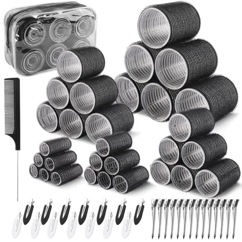 Zosenyer 60 Stück Lockenwickler Set, 5 Größen (60/48/40/30/20mm) Haar Lockenwickler Groß mit 28 Klammern, Locken ohne Hitze für Lange, Mittlere und Kurze Haarre(Schwarz)