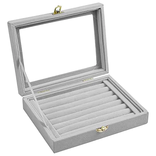Pinsheng Schmuckkästchen Reise mit 7 Abschnitten, Glasdeckel Schmuckkoffer für Frauen Mädchen, Schmuckbox Damen für Halsketten Armbänder Ohrringe Ringe(Grau)