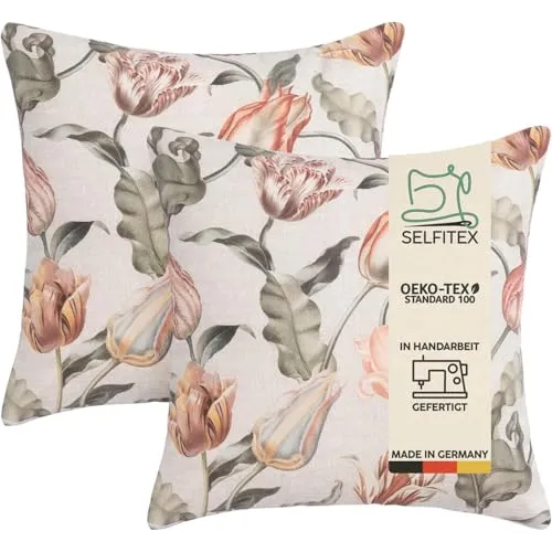 Selfitex 2er Set Sofakissen 40x40 cm, Couchkissen mit Füllung und Bezug, edler Leinenstoff, lebhaftes Muster mit schöner Leinenoptik, extra weich und bequem, Kissen mit modernem Trendmuster (Flowers)