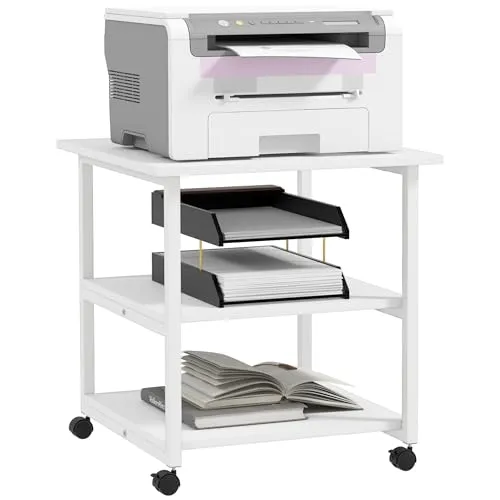 HOMCOM Druckertisch mit Rolle - Praktischer Druckerwagen - Druckerständer mit 3 Ebenen für umfangreichen Stauraum, mobil durch vier Räder und sichere Standfestigkeit. Robuste Stahlstruktur, ideal für Büro und Arbeitszimmer.