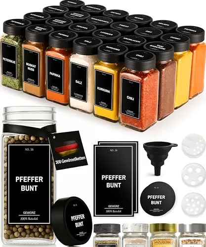 Greeano Gewürzgläser Set [24 x 120ml] mit 300 Gewürzetiketten [DE]