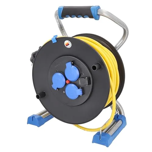 as - Schwabe Xperts Doppelrohr Profi-Kabeltrommel 40 m Panzerleitung K35 AT-N07V3V3-F 3G1,5 gelb 230V / 16 A, 3 Schutzkontaktsteckdosen mit Klappdeckel, USB Port, IP44, Made in Germany, Schwarz, 22631