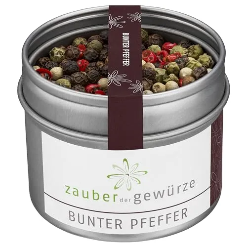 Zauber der Gewürze Bunter Pfeffer ganz - ideal für die Pfeffermühle, aromatische schwarze, weiße, grüne und rosa Pfefferkörner, Spitzen-Qualität in wiederverschließbarer Aroma-Dose, 50 g