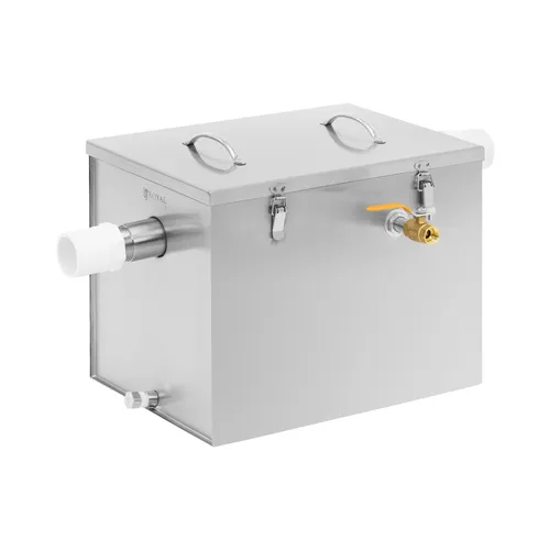 Royal Catering Fettabscheider 40 l - Effiziente Abwasserreinigung - Großküchentechnik mit 40 l Kapazität, separiert Fett und Abfälle und verhindert Verstopfungen. Ideal für professionelle Küchen, aus langlebigem Edelstahl mit einfachem Ablasshahn und leicht zu reinigendem Korb.