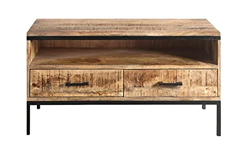 SAM Lowboard Arta 3, Mangoholz massiv, TV-Board mit 2 Schubladen & einem offenen Fach, Metallelemente & -Griffe, 100 x 50 x 40 cm