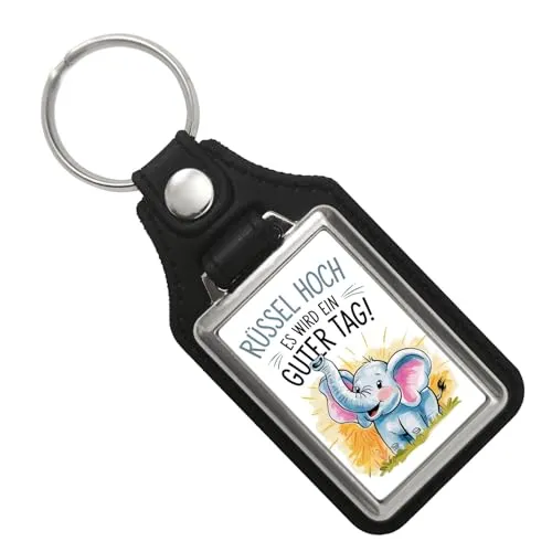 speecheese Fröhlicher Cartoon Elefant Rüssel hoch Schlüsselanhänger mit Kunstleder-Anhänger Lustiger Elefanten-Schlüsselring mit Charme