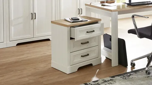 Rollcontainer Varese, weiß - Büroschränke - Hochwertiger Rollcontainer in elegantem Weiß, ausgestattet mit modernem Soft-Close und zeitloser Pinienoptik. Ideal für ein stilvolles Arbeitsumfeld.