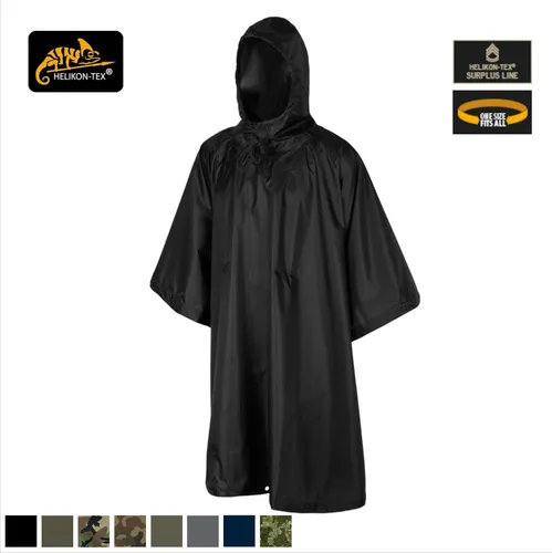 Helikon-Tex Regen Poncho U.S Model Schwarz - Funktionsjacke aus 100% wasserdichtem Ripstop-Polyester, leicht und ideal für Outdoor-Aktivitäten. Inklusive Tragetasche für einfache Mitnahme.