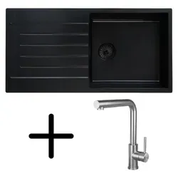 Caressi CAQPP850R10BK-EB Spüle, Einbau mit Küchenarmatur CABL003IU. Schwarz.