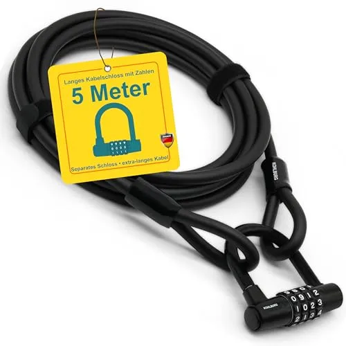 KOHLBURG Kabelschloss 5 Meter lang mit Zahlenkombination - Fahrrad-Kabelschlösser mit 5m Stahlseil und robustem Zahlencode für höchste Sicherheit; ideal für Fahrräder, Gartenmöbel und mehr.