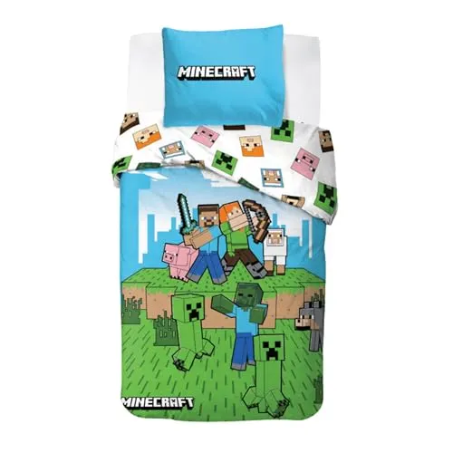 Minecraft Bettwäsche 135x200 cm + 80x80 cm – Offiziell lizenziert, 100% Baumwolle, Öko-Tex - Offizielle Minecraft Bettwäsche für Fans! Weiche, atmungsaktive Baumwolle sorgt für angenehmen Schlafkomfort. Mit praktischem Reißverschluss – perfekt für Kinder. Pflegeleicht und langlebig für den täglichen Einsatz.