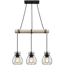 Vintage Pendelleuchte Hängelampe Holz - Retro Design für Esstisch - Lampen - Stilvolle Hängelampe aus Holz und Metall mit 3 E27 Fassungen, höhenverstellbar und ideal für gemütliche Essbereiche.