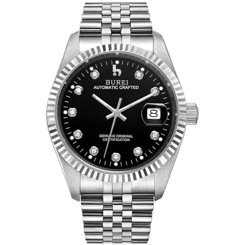 BUREI Luxus Herrenuhr mechanische Automatik Armbanduhr 24 Dial Analog Display Automatikuhr Lederband Edelstahlarmband Wasserdicht Stylish Armbanduhren (Silber-Schwarz)