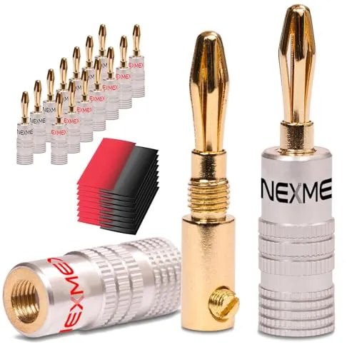 NEXMEX Bananenstecker mit Schrumpfschlauch - 16 Stück Stecker als Set - Steckverbinder 24K vergoldet für Lautsprecherkabel - für HiFi Receiver Verstärker