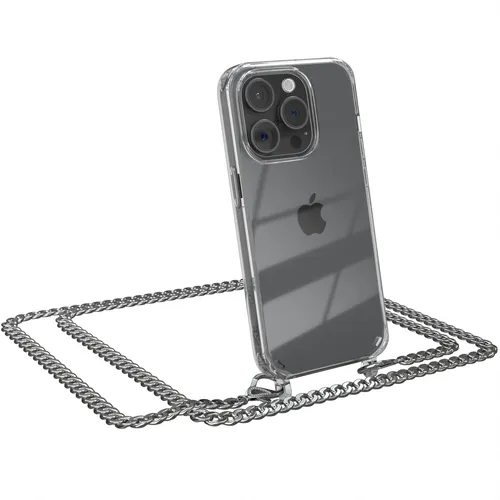 Für Apple iPhone 15 Pro Case Handyhülle zum Umhängen Kordel Tasche Kette Silber