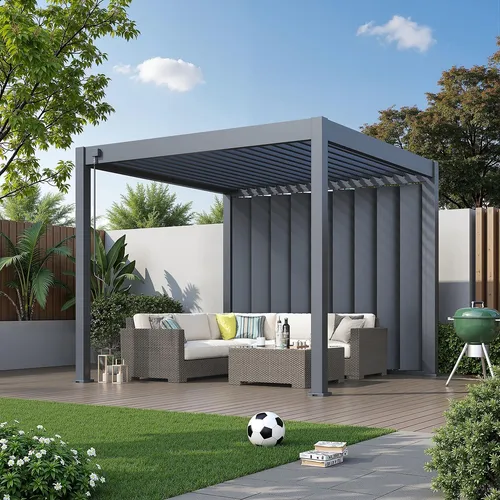 Sichtschutzwand 3 m – Pergola Seitenwand mit verstellbaren Lamellen | Anthrazit - Vielseitige Pergola Seitenwand mit kippbaren Lamellen für flexiblen Sicht- und Windschutz. Ideal für eine individuelle Anpassung von Licht und Luft im Außenbereich. Robuste Aluminiumkonstruktion für dauerhaften Einsatz.