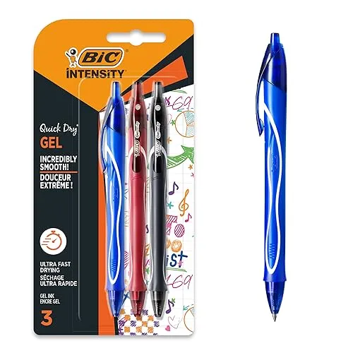 BIC Gel-ocity Quick Dry Tintenroller, Gelstifte in 3 verschiedenen Farben, Strichstärke Medium, mit gummierter Griff-Fläche