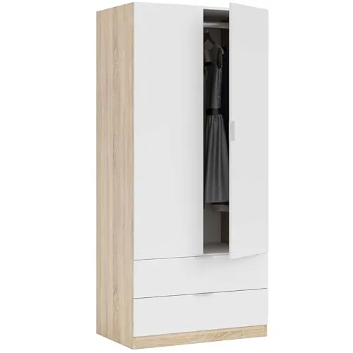 Habitdesign Kleiderschrank mit 2 Drehtüren und 2 Schubladen - Kompakter Kleiderschrank in Artik Weiß und kanadischer Eiche, ideal für Schlafzimmer oder Kinderzimmer. Viel Stauraum mit Kleiderstange und Einlegeboden, pflegeleichte Oberfläche für den täglichen Gebrauch.