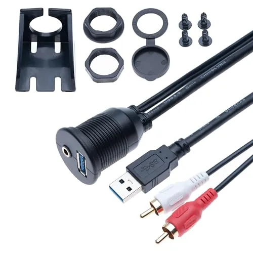 USB 3.0 & 3,5 mm AUX RCA Stecker Kabel zu USB 1M und Audio Stereo Buchse Armaturenbrett Einbau Unterputzmontage Verlängerungskabel für Auto, Fahrrad, Motorrad, Boot, LKW Anhänger 1 Meter