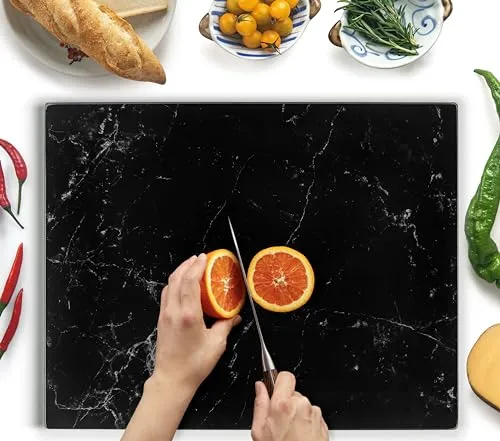 Kitchenville Glasschneidebrett 50×40 cm – Hygienisches Schneidebrett aus gehärtetem Glas – Hitzebeständig, Kratzfest & Rutschfest – Glasplatte für die Küche – Schwarze Marmoroptik