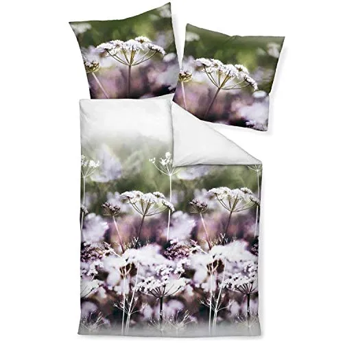 Janine Bettwäsche Modern Art 42023-05 Taupe Grün Blumen Wiese Mako Satin, Größe:155 cm x 220 cm