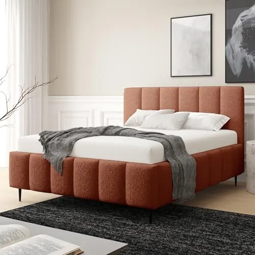 Home Collective Polsterbett Bett Doppelbett mit Bettkasten Bettgestell mit Lattenrost 140x200 160x200 180x200 weich gepolstert modernes Design Schlafzimmer Jugendzimmer Möbel | Orange 140x200