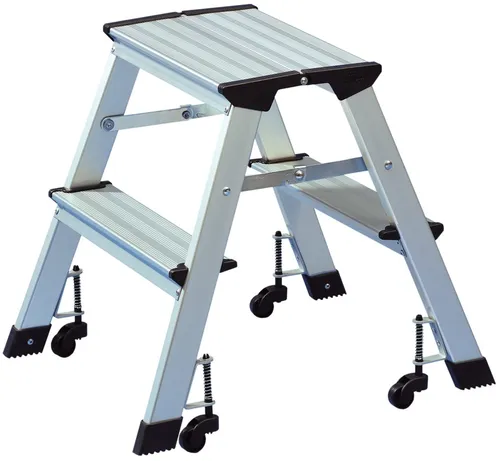 WEDO 2151 mobile Trittleiter aus Aluminium mit Rollen - Platzsparende 2x2-stufige Trittleiter mit Tragkraft von 150 kg, senkt sich bei Belastung ab für sicheren Stand. TÜV- und GS geprüft, ideal für Zuhause oder Werkstatt.