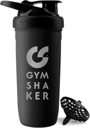 GYMSHAKER Edelstahl Protein Shaker 900ml - Eiweiß Shaker mit Waben-Sieb für klumpenfreie cremige Shakes, auslaufsicher, BPA-frei, Fitness Shaker Schwarz