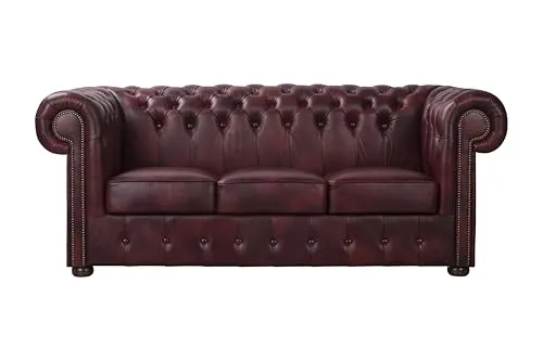 ROYALSOFA Sofa Chesterfield King 3-Sitzer Ledersofa mit Knopfheftung, Holzrahmen & Gepolsterten Armlehnen, Pflegeleichte Couch, Loungesofa für Wohnzimmer, Büro, Praxis, Kanzlei & Hotel, Bordeaux