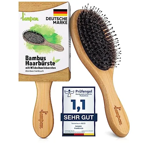 lampox - Bambus Haarbürste mit Wildschweinborsten Kopfmassage Haarpflege, Entwirrbürste für lange Haare & Locken von Damen, Herren & Kinder, Massagebürste für die Kopfhaut, Detangler (oval)