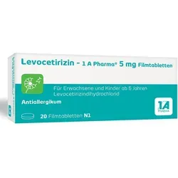 Levocetirizin-1a Pharma 5 mg Filmtabletten - Praktische Filmtabletten zur Linderung von allergischen Symptomen. Ideal für Erwachsene und Kinder ab 6 Jahren, bieten sie eine langanhaltende Wirkung von über 24 Stunden.
