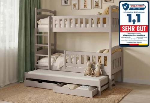 Kids Collective Etagenbett Hochbett Stockbett Kinderbett 90x200 cm mit Ausziehbett und Schubladen (Modell 2025, mit drei Matratzen inklusive), Umbaubar zu 3 Einzelbetten mit Lattenrosten & Rausfallschutz, Kaschmir