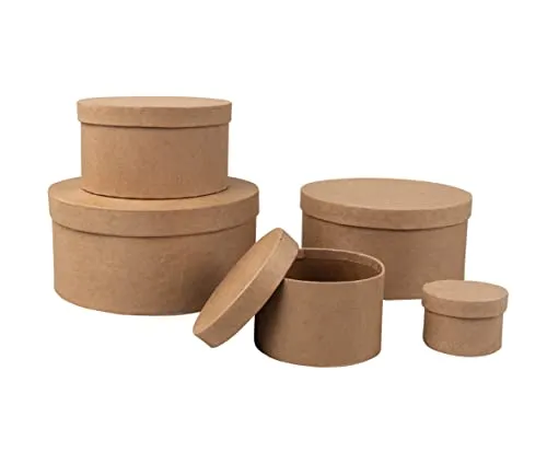 Rayher Pappmaché Boxen mit Deckel, Set 5-teilig, Pappboxen, Geschenkboxen 5er-Set, rund, 5 – 15 cm ø, Schachteln, braun, aus Karton, FSC zertifiziert, Aufbewahrungsboxen, 67382000