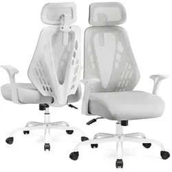 COMHOMA Ergonomischer Bürostuhl Schreibtischstuhl Gamingstuhl, mit Kopfstütze, atmungsaktives Mesh, V-förmige Rückenlehne, verstellbar, Wippfun... - Grau