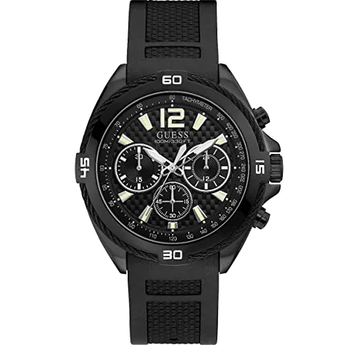 Guess Surge W1168G2 Herrenuhr Chronograph - Armbanduhren mit 100m Wasserresistenz und Chronographfunktion, ideal für aktive Herren. Edelstahlgehäuse mit schwarzer Beschichtung und stylischem Silikonarmband.