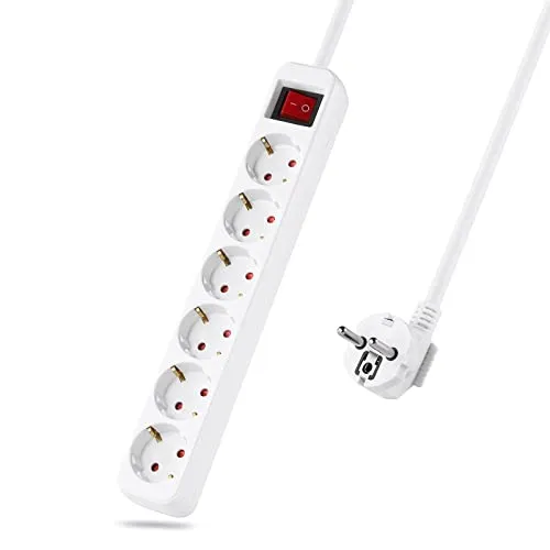 Steckdosenleiste 6-fach, 1,5m Verlängerungskabel weiß, Mehrfachsteckdose mit Schalter