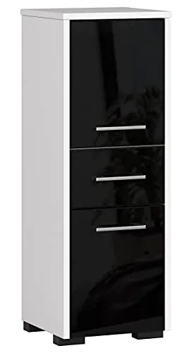 3E 3xE living.com Freistehender Badezimmerschrank: eine Schublade, Zwei Türen, DREI Einlegeböden, Farbe: Weiß | glänzend schwarz, A: B: 30 cm, H: 85 cm, T: 30 cm.