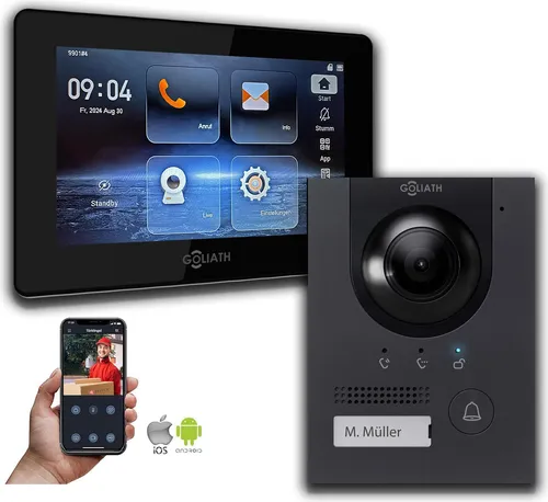 Goliath IP Gegensprechanlage mit 7 Zoll Monitor - Anthrazit - Moderne IP Gegensprechanlage mit 7 Zoll Farb-Touchscreen und 180° HD Kamera. Ideal für den sicheren Zugang, unterstützt bis zu 24 IP-Kameras und bietet umfangreiche Funktionen für Mehrfamilienhäuser.