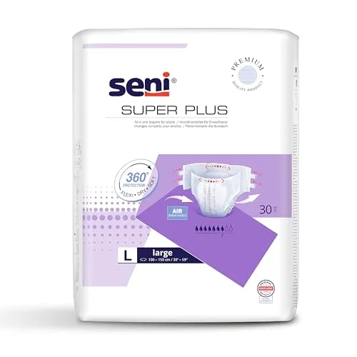 SUPER SENI PLUS L Windeln für die Nacht für Erwachsene 30 St - Inkontinenzeinlagen für Erwachsene, atmungsaktive Windeln mit seitlichem Auslaufschutz und Nässeindikator für sicheres Tragen bei mittlerer bis schwerer Blasenschwäche.