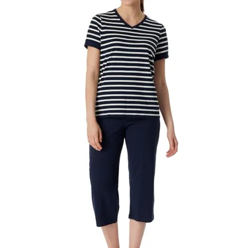 Schiesser Damen Casual Essentials Pyjamaset, Nachtblau - Schlafanzug kurz mit 3/4 langer Hose und kurzarm Oberteil aus weicher Baumwolle - ideal für gemütliche Nächte und entspannte Tage.