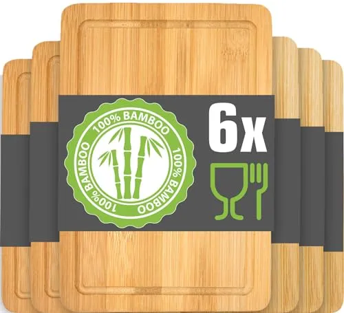 DuneDesign 6er Set: Schicke Stullenbretter - 22x15 Frühstücksbrettchen Holz - Bambus Schneidebrett Klein - Holzbrett Frühstück - Vesper Brettchen - Frühstücksbrett Massiv - Holzbrettchen Küche