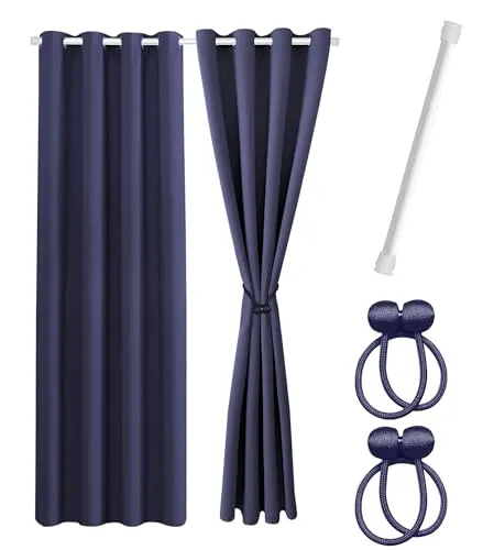 Cozyor Praktisches Set ohne Bohren: 2X Vorhang + 1x Klemmstange 70-120 cm + 2X Raffhalter mit Magnet Blickdicht & verdunkelnd, als Raumteiler, Fenster & Tür Blau Thermovorhang 220x135cm