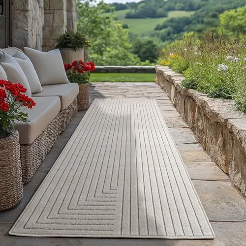 Carpetsale24 Outdoor Teppich Creme 80x250 cm - Moderner Kurzflor-Teppich mit Hoch-Tief-Effekt, ideal für Wohnzimmer, Schlafzimmer oder Outdoor-Bereich. Pflegeleicht, waschbar und hypoallergen – perfekt für Familien und Allergiker.