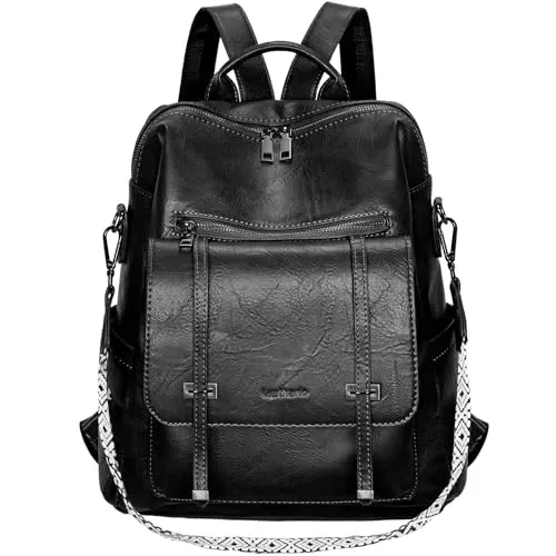 Leathario Rucksakck Damen Wasserdicht,Veganes Leder Cityrucksack,Rucksackhandtasche Mittelgroß, Diebstahlsich Tagesrucksack für Büro,Pendeln,Arbeit,Leicht Elegant Backpack Women Groß für Reise,Schwarz