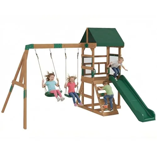 Spielturm Klettergerüst mit Rutsche und 2 Schaukeln - Robustes Klettergerüst aus Holz und Kunststoff mit Rutsche und zwei Schaukeln. Ideal für Kinder von 3-4 Jahren, fördert den Spielspaß und die motorischen Fähigkeiten.