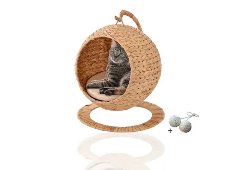 Rohrschneider Katzen-Hängesessel – runder Hängesessel für Katzenbett - Tierhöhlen: Der moderne Katzen-Hängesessel aus umweltfreundlicher Wasserhyazinthe bietet höchsten Komfort und eine gemütliche Rückzugsmöglichkeit für Ihre Katze.