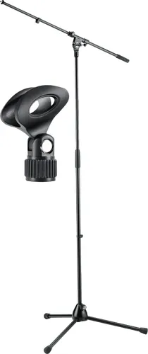 K&M 210/2 Mikrofonstativ Schwarz Set inkl. Klemme - Mikrofonstativ mit Höhenverstellung von 900 bis 1605 mm und 800 mm Schwenkarmlänge, ideal für professionelle Anwendungen, inklusive praktischer Mikrofonklemme.