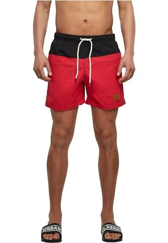 Urban Classics Herren Block Swim Shorts – Badeshorts mit Kordelzug & Taschen, schnelltrocknend, ideal für Strand, Pool & Urlaub,Blk/Red,XL