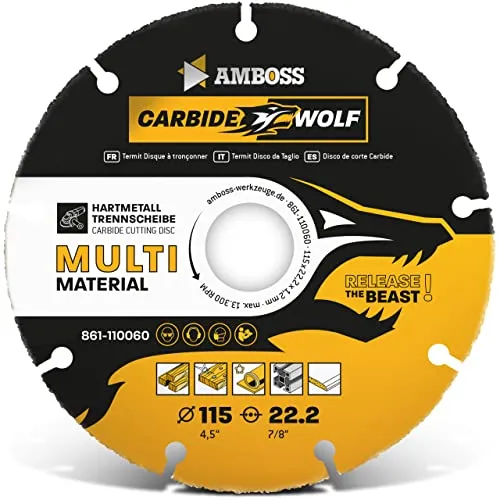 Amboss Carbide Wolf Ø 115mm - Multi Hartmetall Trennscheibe für Winkelschleifer (Flex,Bosch uva) - Holz (mit Nägeln), Kunststoff, Plastik, Gips - Holztrennscheibe, Universal Sägeblatt, Speedcutter